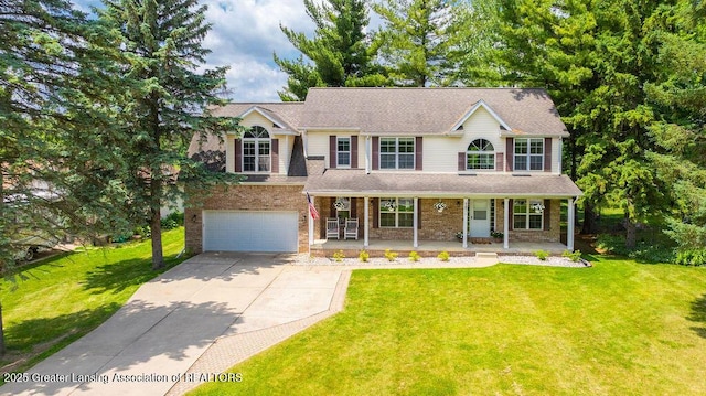 5871 Green Rd, Haslett, MI 48840 - view of front facade featuring concrete driveway, an attached garage, a porch, a front yard, and brick siding