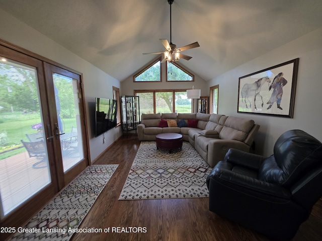 2380 S Waverly Rd, Eaton Rapids, MI 48827 - living room featuring dark wood-style floors, a ceiling fan, french doors, and high vaulted ceiling
