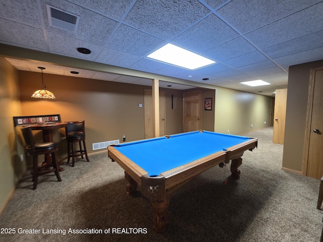 2380 S Waverly Rd, Eaton Rapids, MI 48827 - playroom with carpet, a paneled ceiling, billiards table, and baseboards