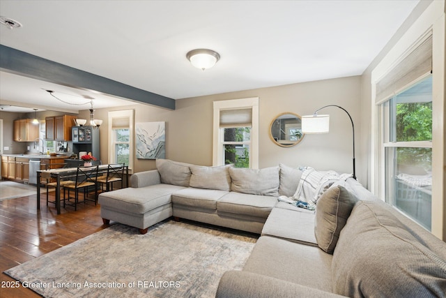 527 N Hayford Ave, Lansing, MI 48912 - living room featuring plenty of natural light, dark wood finished floors, a chandelier, and beamed ceiling
