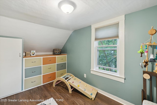 527 N Hayford Ave, Lansing, MI 48912 - bedroom with dark wood-style floors, vaulted ceiling, and baseboards