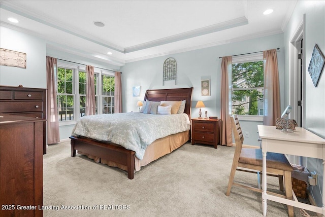 2134 Cedar Bend Dr, Holt, MI 48842 - bedroom featuring ornamental molding, light colored carpet, a tray ceiling, and recessed lighting
