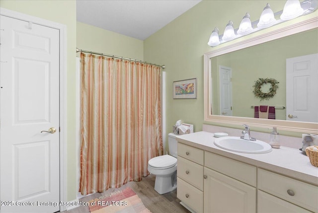 2134 Cedar Bend Dr, Holt, MI 48842 - bathroom featuring vanity, wood finished floors, and a shower with shower curtain