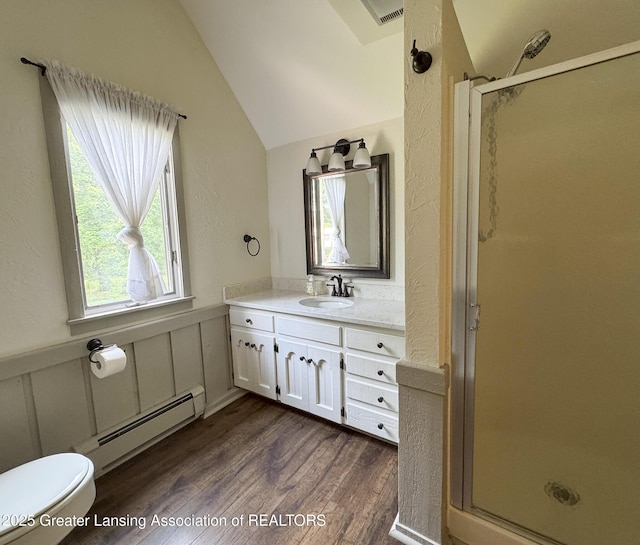 12855 Oneida Woods Trl, Grand Ledge, MI 48837 - bathroom featuring a baseboard radiator, plenty of natural light, a shower stall, vaulted ceiling, and vanity