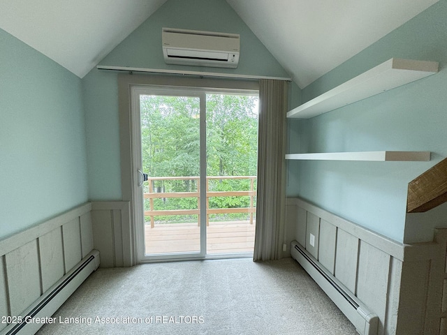 12855 Oneida Woods Trl, Grand Ledge, MI 48837 - spare room with a wall mounted AC, baseboard heating, carpet flooring, wainscoting, and vaulted ceiling