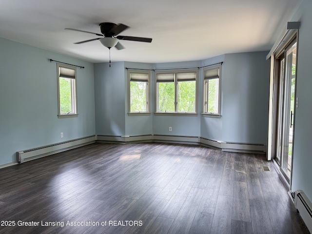 12855 Oneida Woods Trl, Grand Ledge, MI 48837 - spare room featuring baseboard heating, a ceiling fan, dark wood-style floors, and baseboards