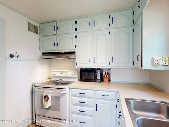 627 State St, Eaton Rapids, MI 48827 - kitchen with white electric stove, under cabinet range hood, black microwave, light countertops, and white cabinets