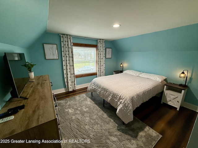 227 S Foster Ave, Lansing, MI 48912 - bedroom featuring lofted ceiling, baseboards, wood finished floors, and recessed lighting