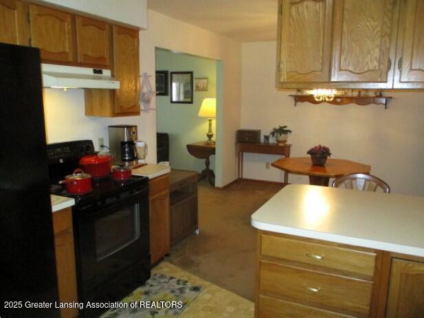 4818 Moultrie Cir, Lansing, MI 48917 - kitchen featuring black appliances, under cabinet range hood, light countertops, and brown cabinets