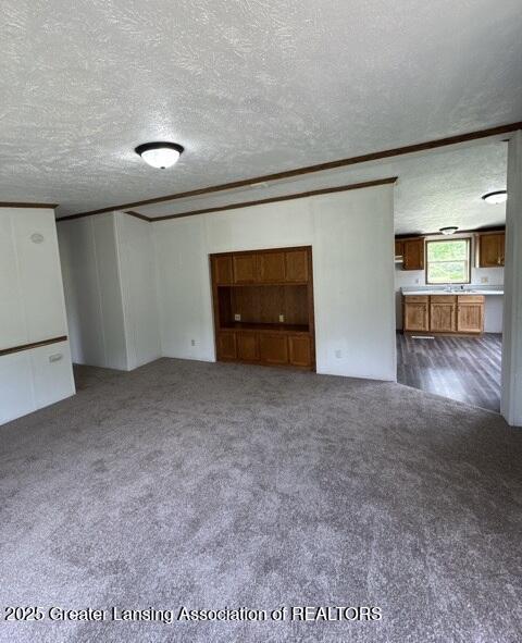 26506 E Baseline Hwy, Charlotte, MI 48813 - unfurnished living room featuring a textured ceiling, carpet floors, and ornamental molding