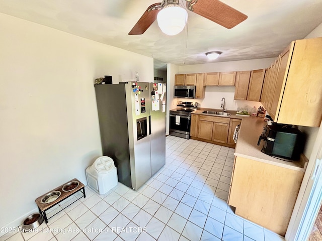 3130 Delta River Dr, Lansing, MI 48906 - kitchen with appliances with stainless steel finishes, a sink, ceiling fan, light tile patterned flooring, and light countertops