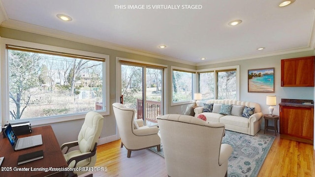1046 Cresenwood Rd, East Lansing, MI 48823 - living room featuring crown molding, recessed lighting, and light wood finished floors