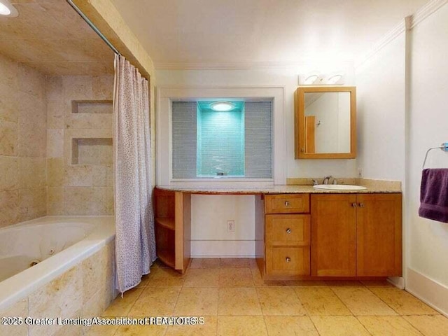 1046 Cresenwood Rd, East Lansing, MI 48823 - bathroom featuring vanity, a combined bath / shower with jetted tub, tile patterned floors, and crown molding