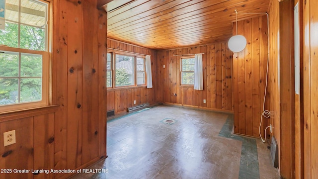 523 N Fairview Ave, Lansing, MI 48912 - unfurnished room with a baseboard radiator, wooden walls, wooden ceiling, and baseboards