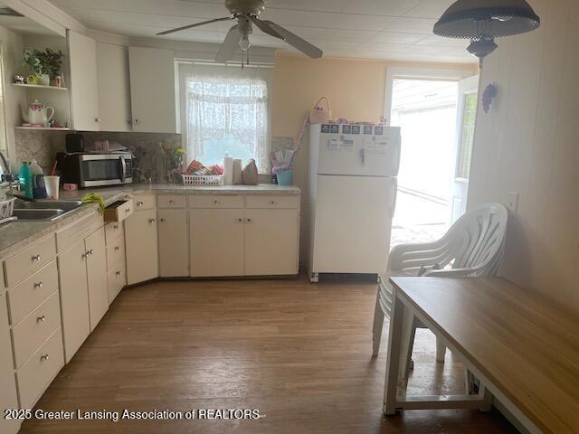 4022 Stabler St, Lansing, MI 48910 - kitchen featuring freestanding refrigerator, stainless steel microwave, a ceiling fan, light countertops, and healthy amount of natural light