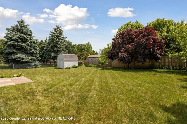 202 Kerry St, Eaton Rapids, MI 48827 - fenced backyard featuring a storage unit