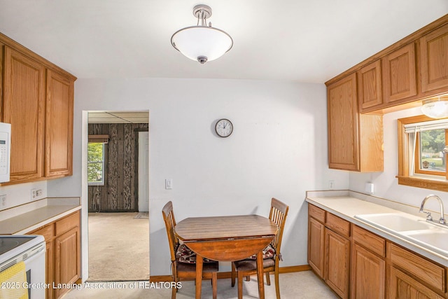 725 Center St, Mason, MI 48854 - kitchen with light countertops, brown cabinetry, white appliances, and light colored carpet