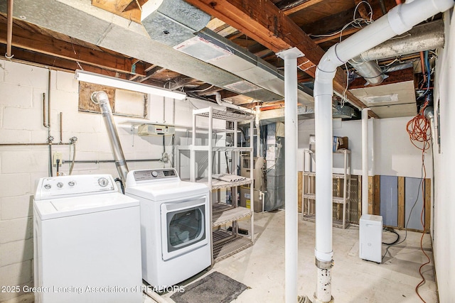 725 Center St, Mason, MI 48854 - unfinished below grade area with separate washer and dryer, concrete block wall, and heating unit