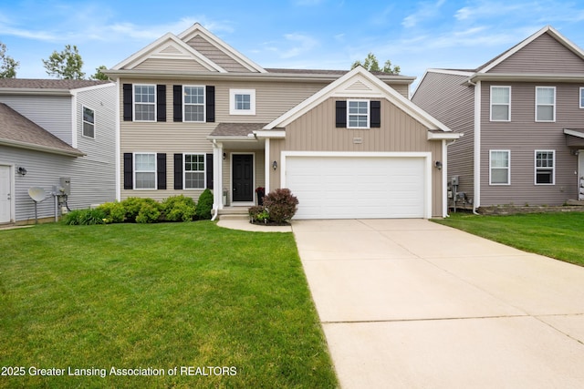 15925 Turnberry St, Lansing, MI 48906 - view of front facade with concrete driveway, a front lawn, a garage, and board and batten siding