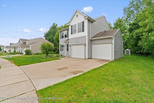 460 Blue Spruce Ln, Mason, MI 48854 - traditional-style house featuring driveway, a front yard, and board and batten siding