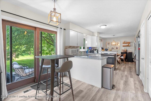 992 Touraine Ave, East Lansing, MI 48823 - kitchen featuring a peninsula, stainless steel appliances, light wood-type flooring, pendant lighting, and white cabinetry