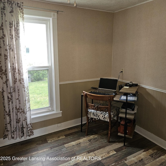 405 E Shaw St, Charlotte, MI 48813 - office area featuring wood finished floors, wainscoting, ornamental molding, and wood walls