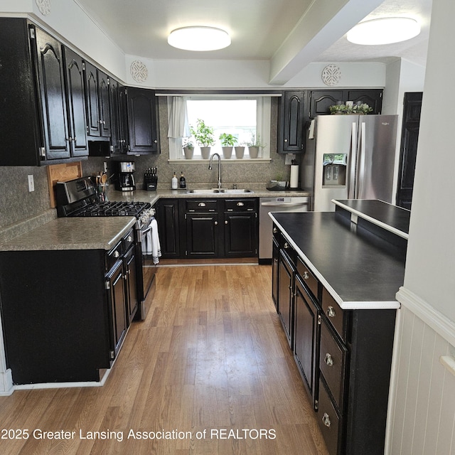 405 E Shaw St, Charlotte, MI 48813 - kitchen featuring stainless steel appliances, a sink, dark cabinetry, and light wood-style floors
