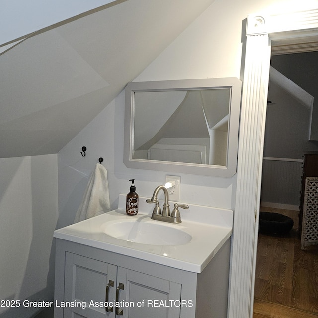 405 E Shaw St, Charlotte, MI 48813 - bathroom with wood finished floors, vanity, and vaulted ceiling