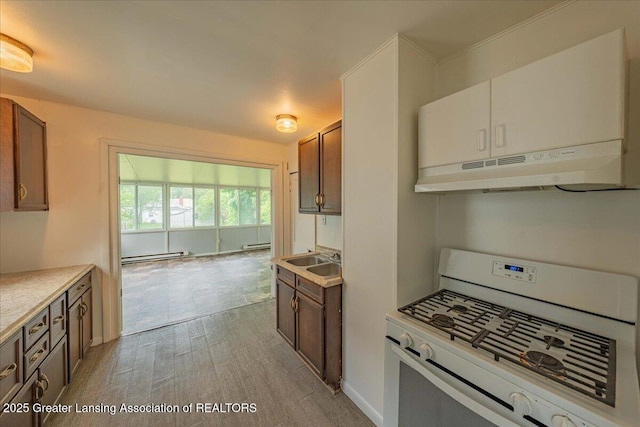 629 Emily Ave, Lansing, MI 48910 - kitchen featuring white range with gas cooktop, under cabinet range hood, baseboard heating, a sink, and light wood-style floors