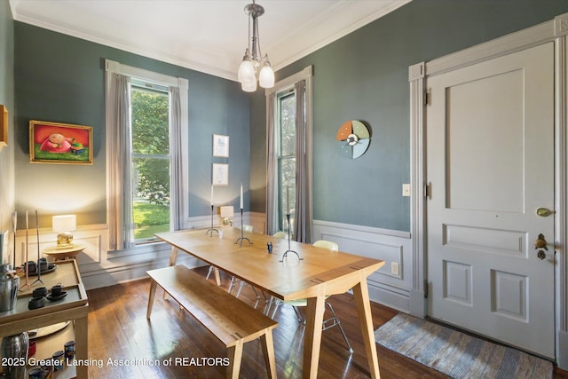 1035 N Capitol Ave, Lansing, MI 48906 - dining room with ornamental molding, dark wood-style floors, wainscoting, and a decorative wall