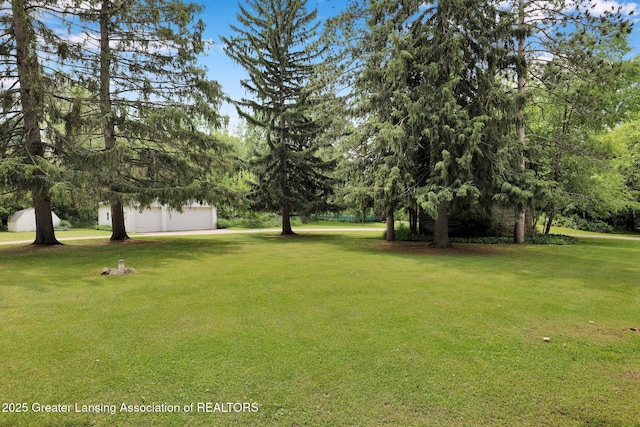 8767 Corrison Rd, Grand Ledge, MI 48837 - view of green lawn with a garage and view of scattered trees