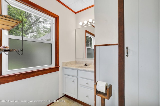 8767 Corrison Rd, Grand Ledge, MI 48837 - bathroom featuring vanity and ornamental molding