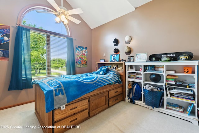 2020 Sunset Dr, Owosso, MI 48867 - bedroom featuring light colored carpet, ceiling fan, and high vaulted ceiling