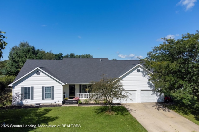 10464 Hankerd Rd, Pleasant Lake, MI 49272 - view of front of home featuring a porch, an attached garage, concrete driveway, a front yard, and roof with shingles