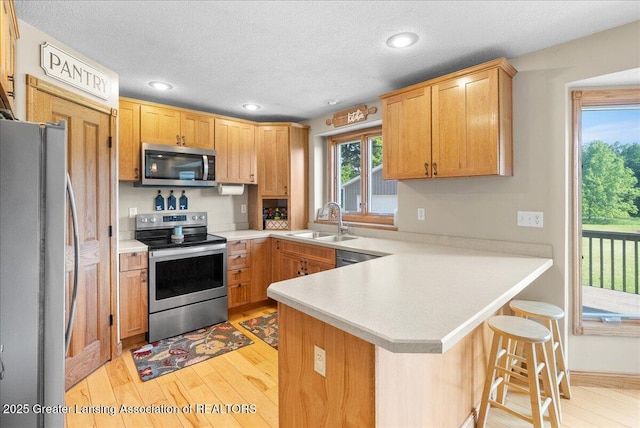 4905 E Green Rd, Saint Johns, MI 48879 - kitchen featuring appliances with stainless steel finishes, a peninsula, light wood-style flooring, light countertops, and recessed lighting