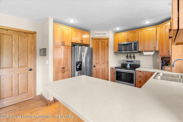 4905 E Green Rd, Saint Johns, MI 48879 - kitchen with appliances with stainless steel finishes, a peninsula, light wood finished floors, light countertops, and recessed lighting