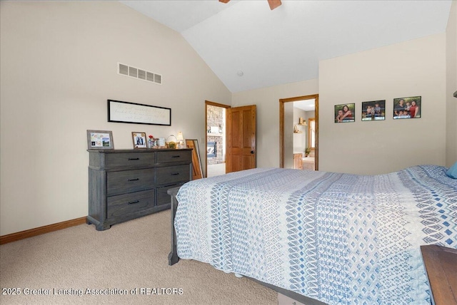 4905 E Green Rd, Saint Johns, MI 48879 - bedroom with vaulted ceiling, light carpet, ensuite bathroom, and a ceiling fan