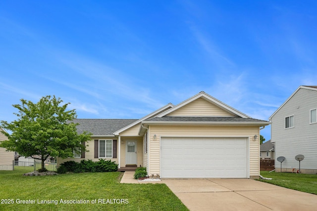1262 Evans St, Mason, MI 48854 - single story home featuring a front yard, driveway, roof with shingles, and a garage
