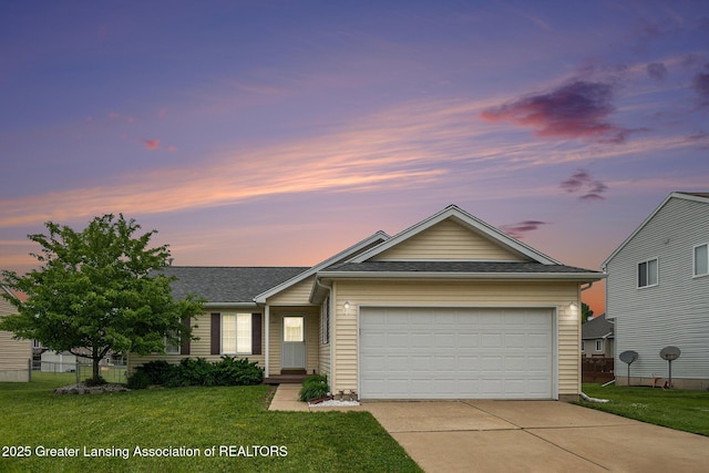 1262 Evans St, Mason, MI 48854 - ranch-style house with driveway, a front lawn, roof with shingles, and a garage