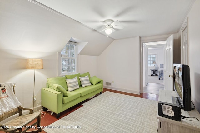 350 N Marshall Ave, Marshall, MI 49068 - living area featuring wood finished floors, ceiling fan, and vaulted ceiling