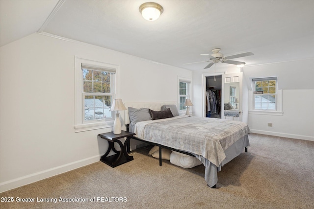 350 N Marshall Ave, Marshall, MI 49068 - carpeted bedroom featuring multiple windows, a closet, a walk in closet, and vaulted ceiling