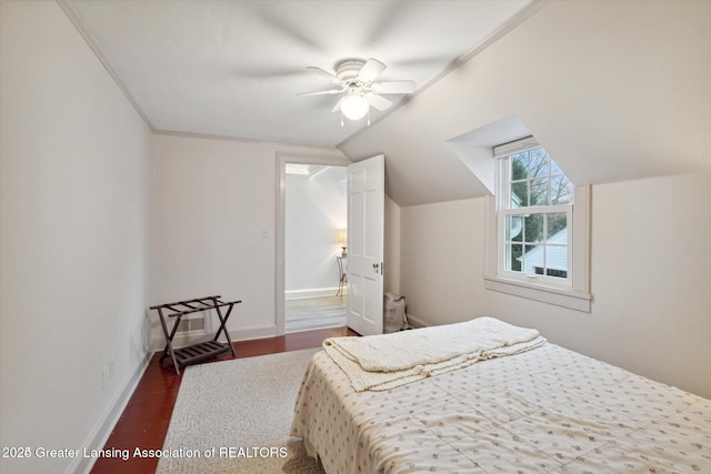 350 N Marshall Ave, Marshall, MI 49068 - bedroom featuring dark wood-style flooring, vaulted ceiling, a ceiling fan, and crown molding