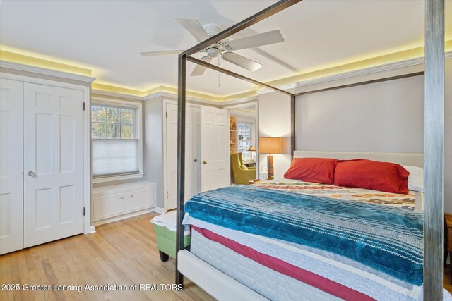 350 N Marshall Ave, Marshall, MI 49068 - bedroom featuring wood finished floors, a ceiling fan, and two closets