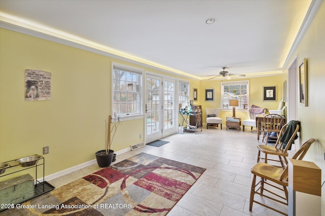 350 N Marshall Ave, Marshall, MI 49068 - living area featuring french doors, crown molding, a ceiling fan, and tile patterned floors