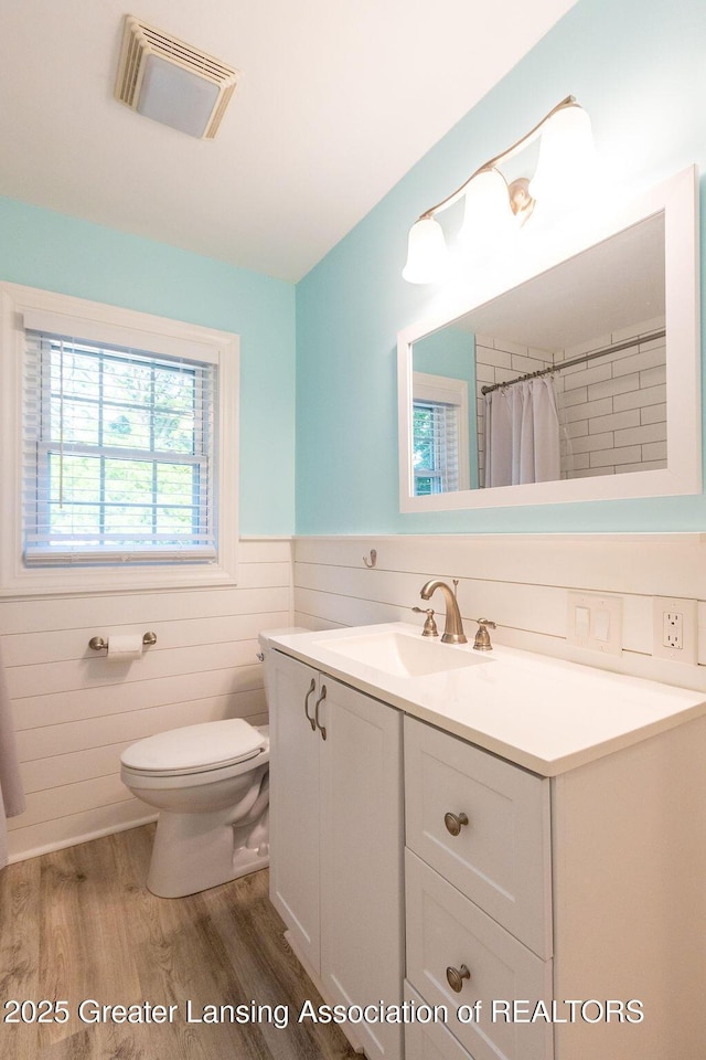 720 N Fairview Ave, Lansing, MI 48912 - full bath featuring vanity, wood finished floors, a wainscoted wall, and curtained shower