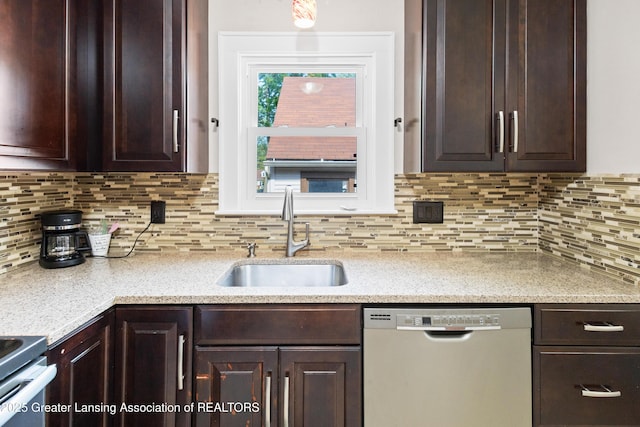 2335 Harding Ave, Lansing, MI 48910 - kitchen with stainless steel dishwasher, dark brown cabinetry, range, and tasteful backsplash