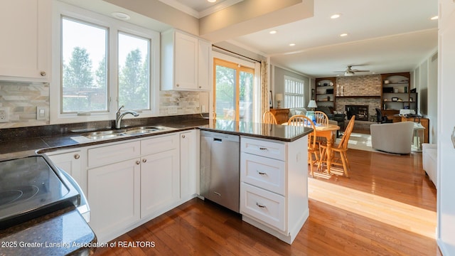 5939 Highgate Ave, East Lansing, MI 48823 - kitchen with dishwasher, dark wood-type flooring, ornamental molding, a large fireplace, and white cabinets