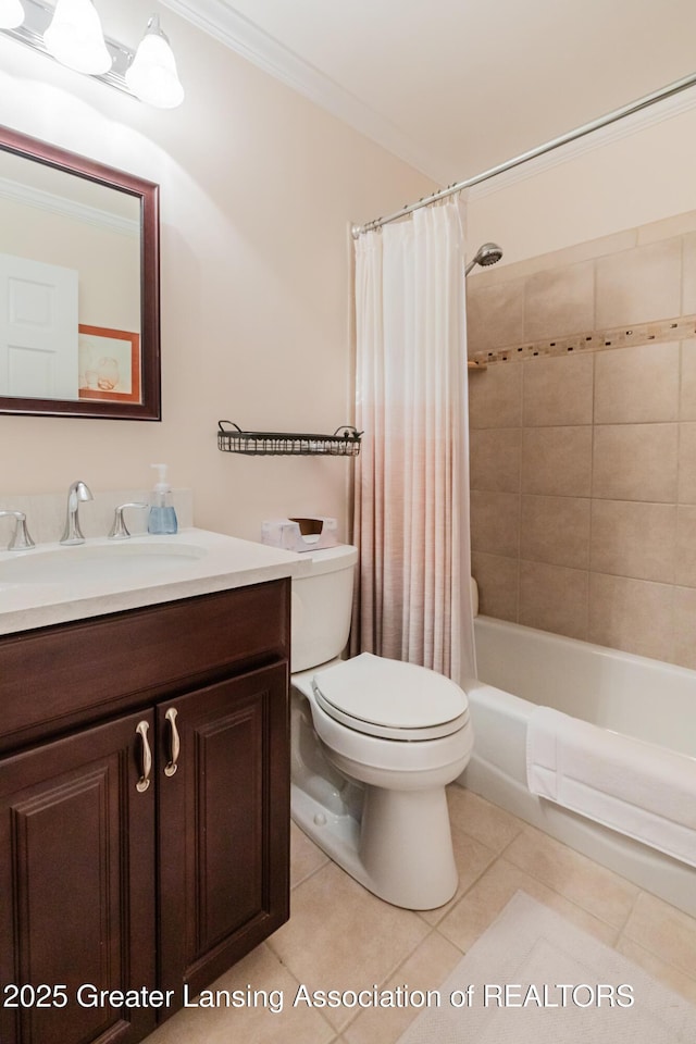 5939 Highgate Ave, East Lansing, MI 48823 - bathroom featuring tile patterned flooring, vanity, ornamental molding, and shower / bath combo with shower curtain
