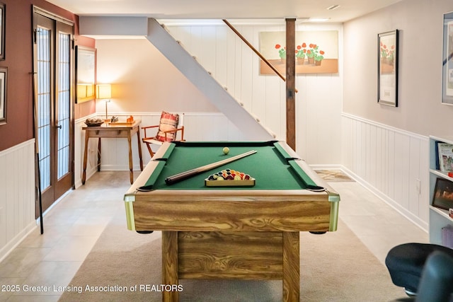 5939 Highgate Ave, East Lansing, MI 48823 - game room with a wainscoted wall, pool table, light colored carpet, a decorative wall, and light tile patterned floors