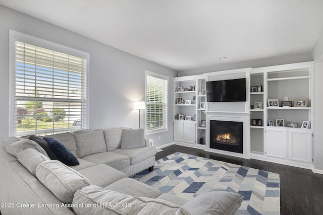 491 Anhinga Dr, East Lansing, MI 48823 - living room featuring dark wood-style floors and a glass covered fireplace